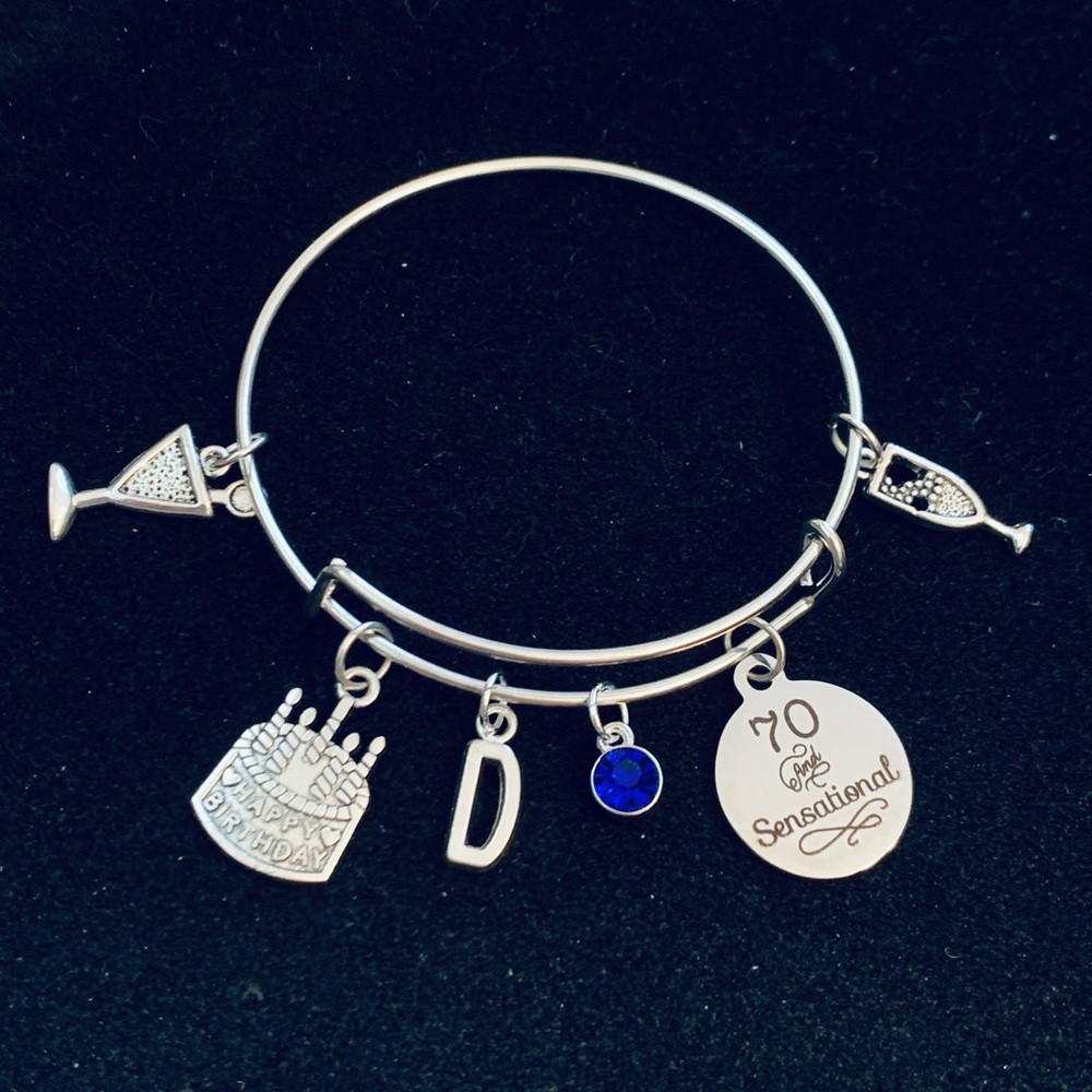 “70 and Sensational” milestone birthday themed bangle bracelet personalized